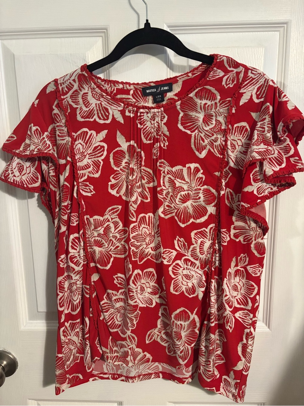😍Nautica Red Floral Short-Sleeve Women's Top Size Large